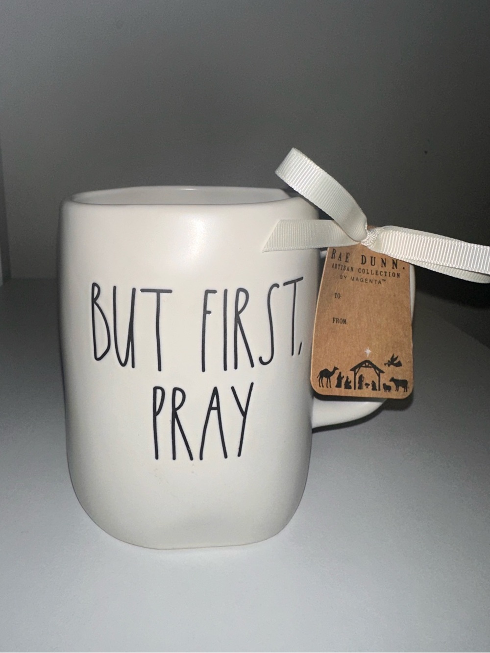 Rae Dunn Artisan Collection by Magenta But First Pray White Ceramic Mug C1